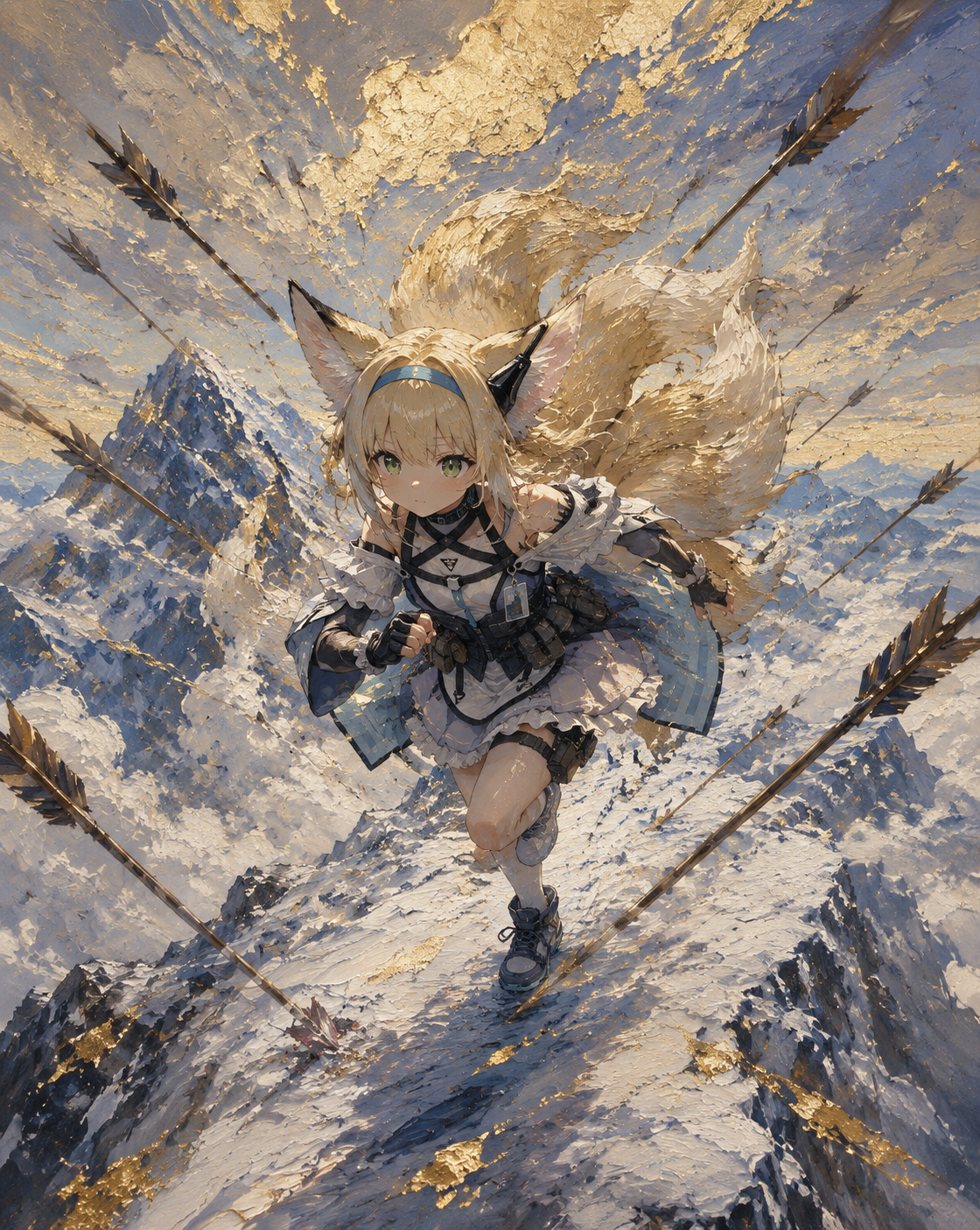 Running through a barrage of arrows On a snowy mountain peak above the clouds (dreamlike oil painting, thick brushstrokes and gold leaf)