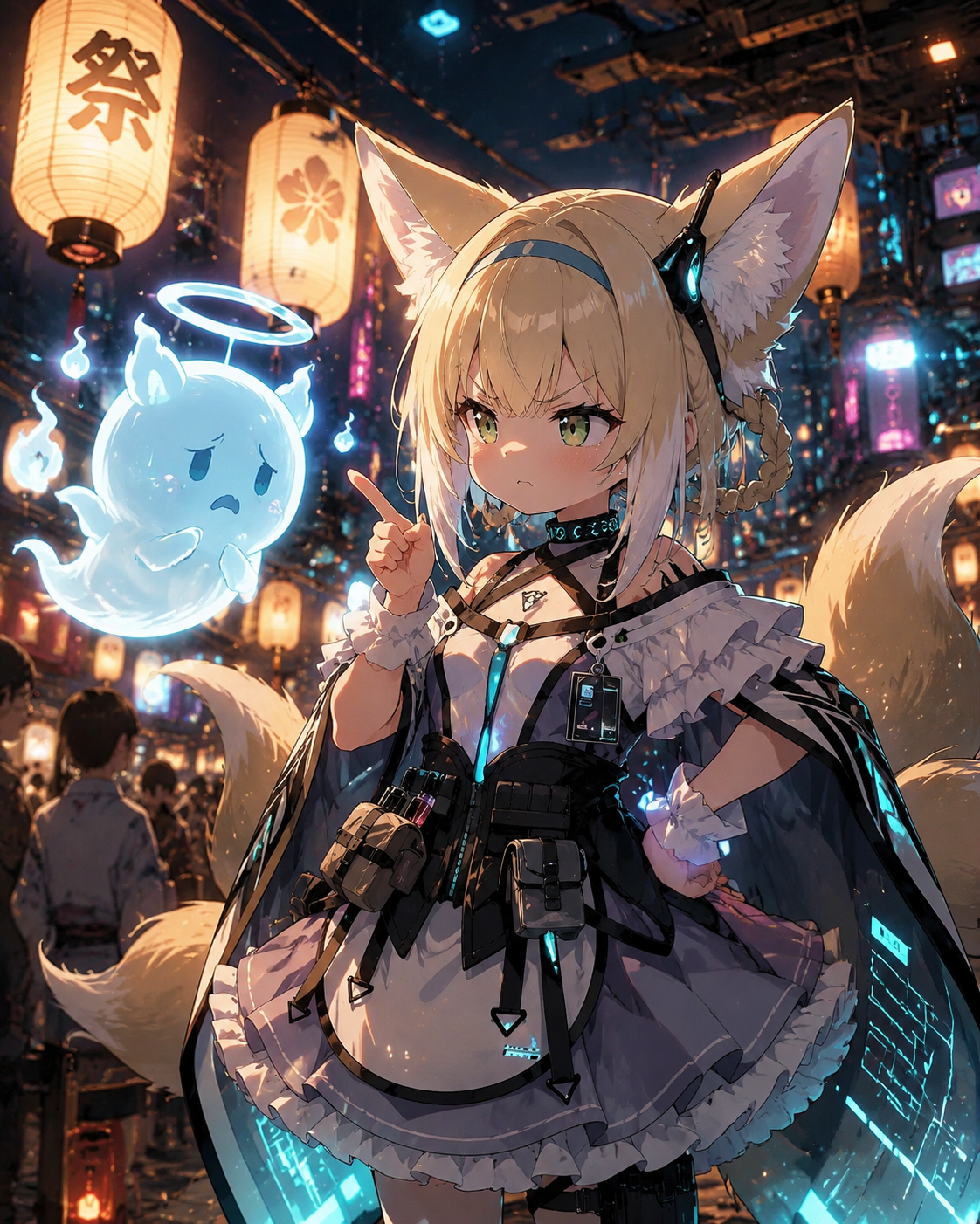 Scolding a hovering spirit with a pout At a bustling summer festival with paper lanterns (sleek cybernetic glow, neon highlights and dark metal)