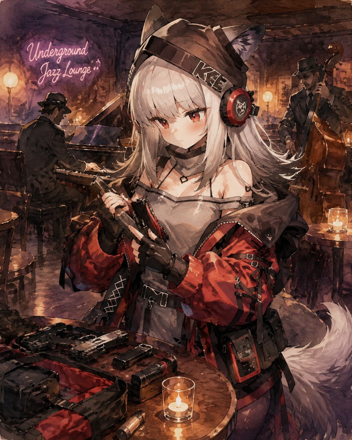 Checking her tactical equipment for damage In a dimly lit underground jazz lounge (watercolor anime, soft lighting)