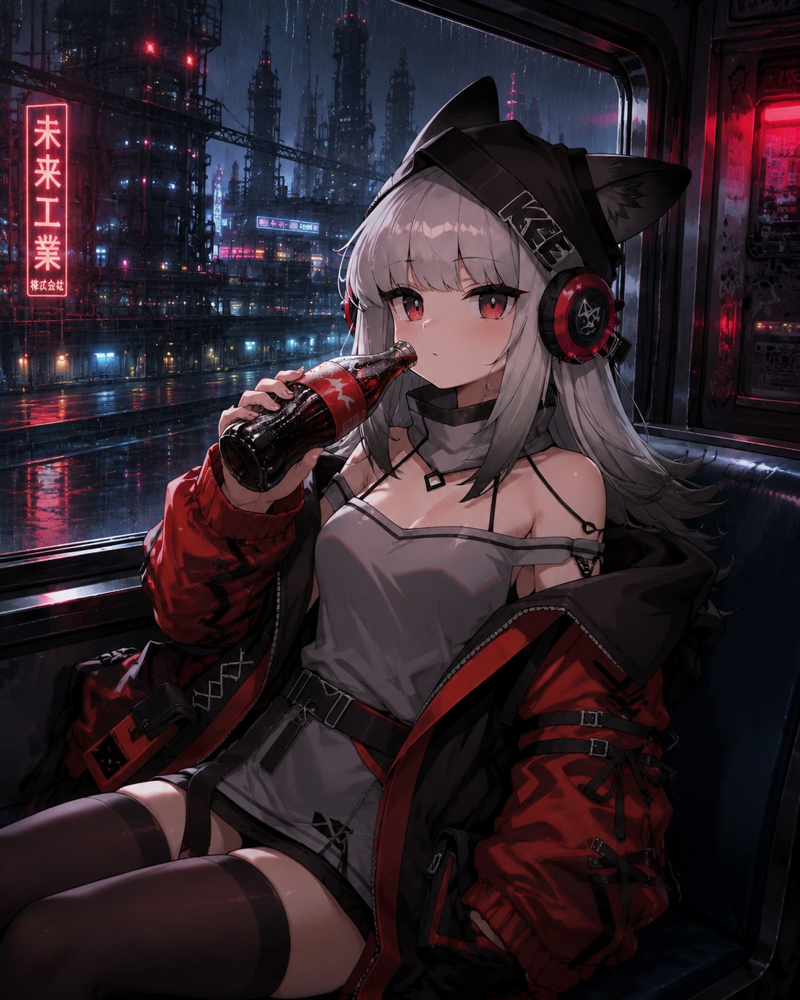 Drinking a chilled soda from a glass bottle On a moving train through a rainy industrial city (cyberpunk neon, high contrast)