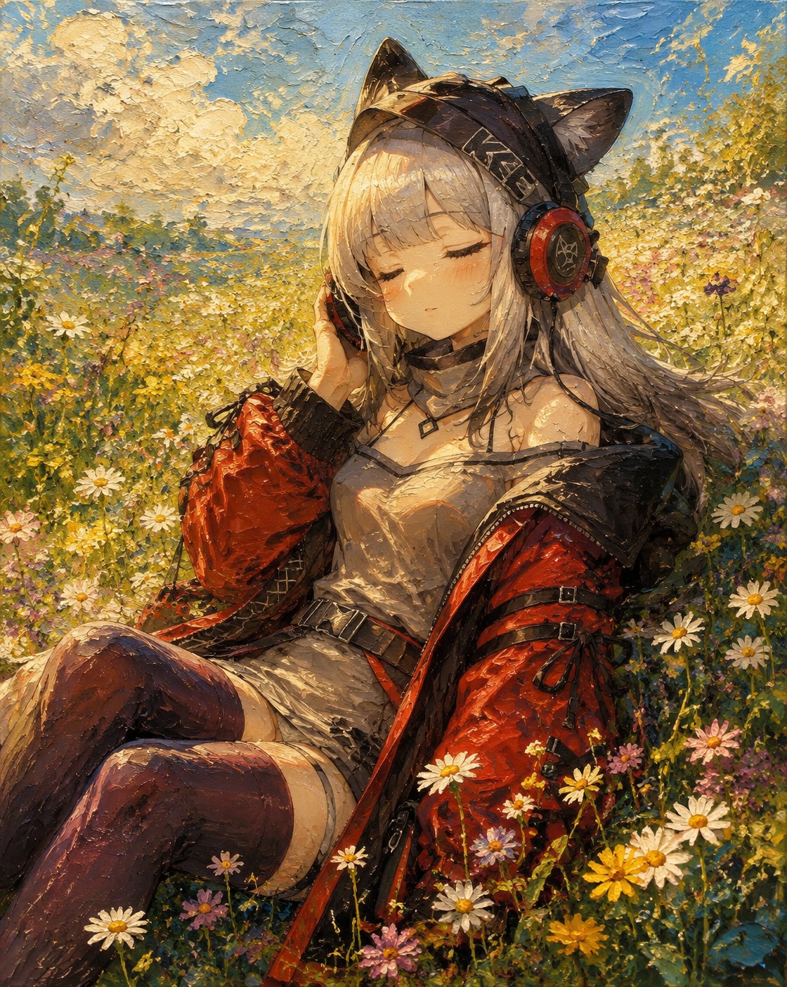 Listening to music through bulky headphones In a sun-drenched meadow of wild flowers (traditional oil painting, heavy textures)