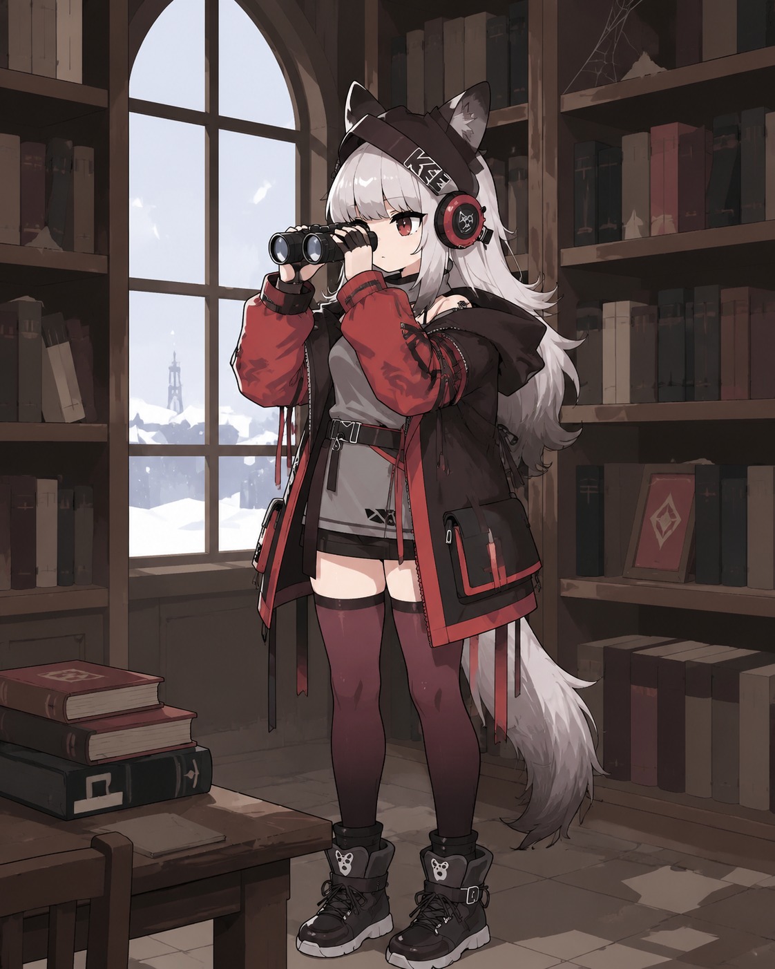 Scouting the snowy perimeter with handheld binoculars In a quiet library filled with dusty books (minimalist vector art, flat colors)