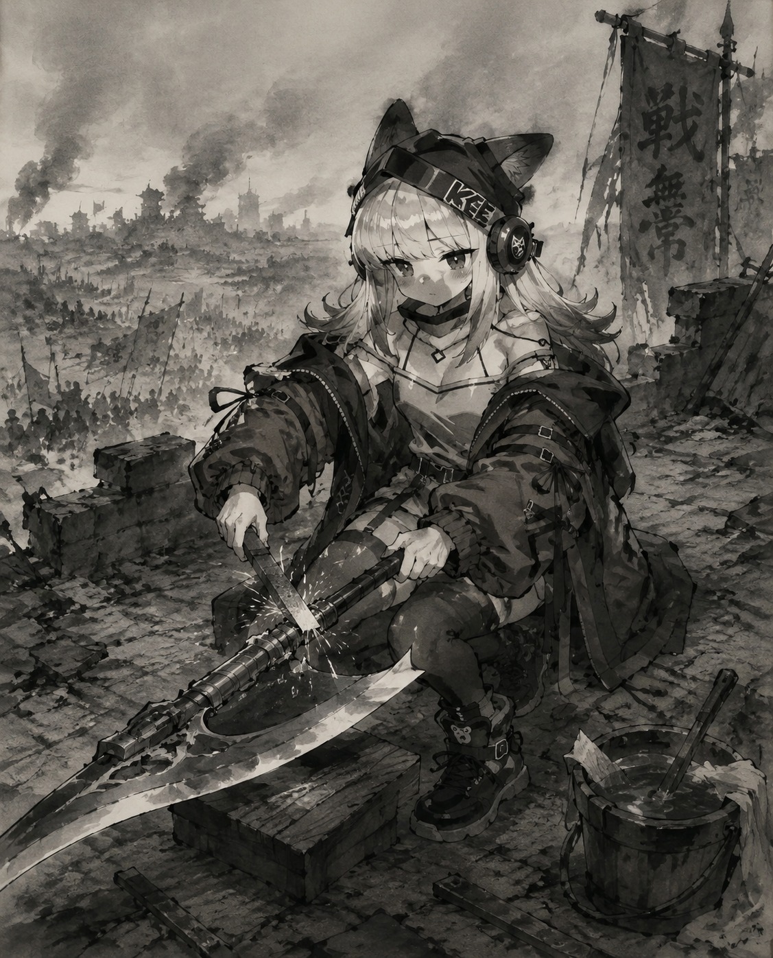 Sharpening the edge of her heavy halberd On a crumbling rooftop overlooking a battlefield (classic ink wash, monochromatic aesthetic)