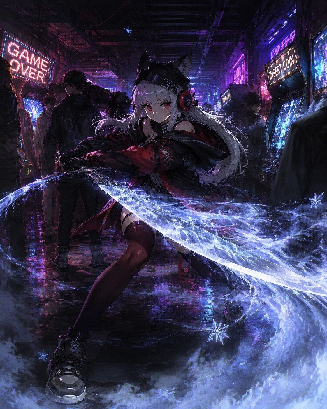 Swinging her blade to unleash a frost wave At a crowded neon-lit arcade after hours (gritty cinematic noir, dramatic shadows)