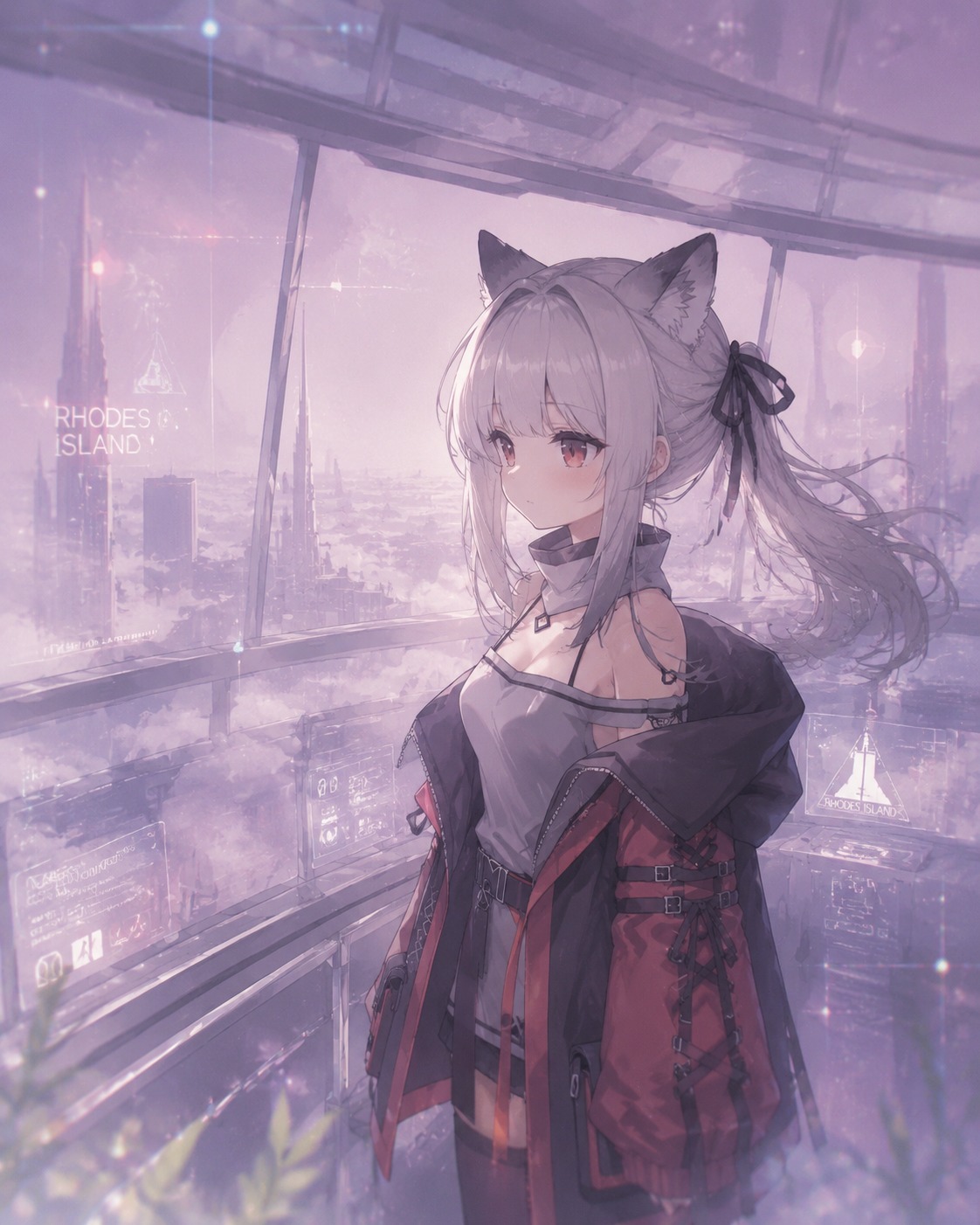 Tying her hair back with a simple ribbon On a high-tech Rhodes Island observation deck (ethereal dreamcore, hazy pastel glow)