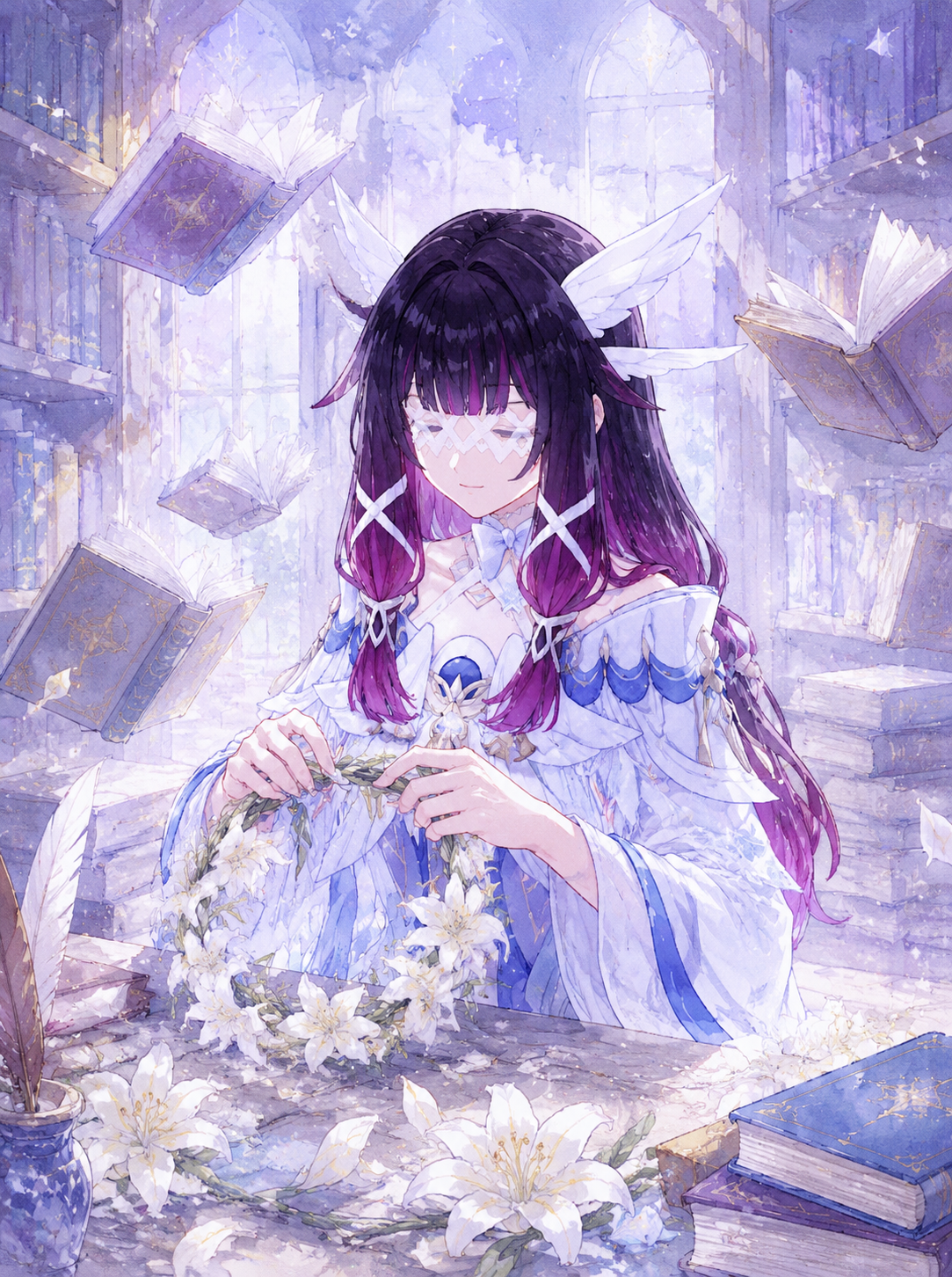 Braiding a crown of white lilies In a quiet library with floating books (delicate watercolor, pastel dreamscape)