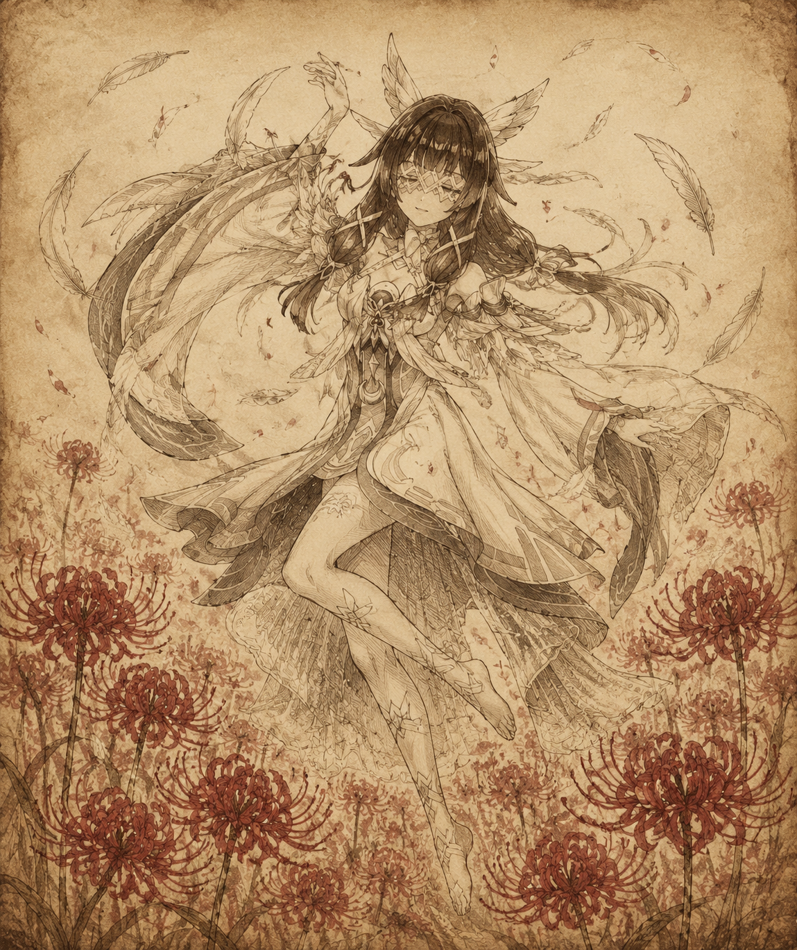 Dancing amidst a flurry of feathers In a field of blood-red spider lilies (vintage sepia sketch, aged paper)