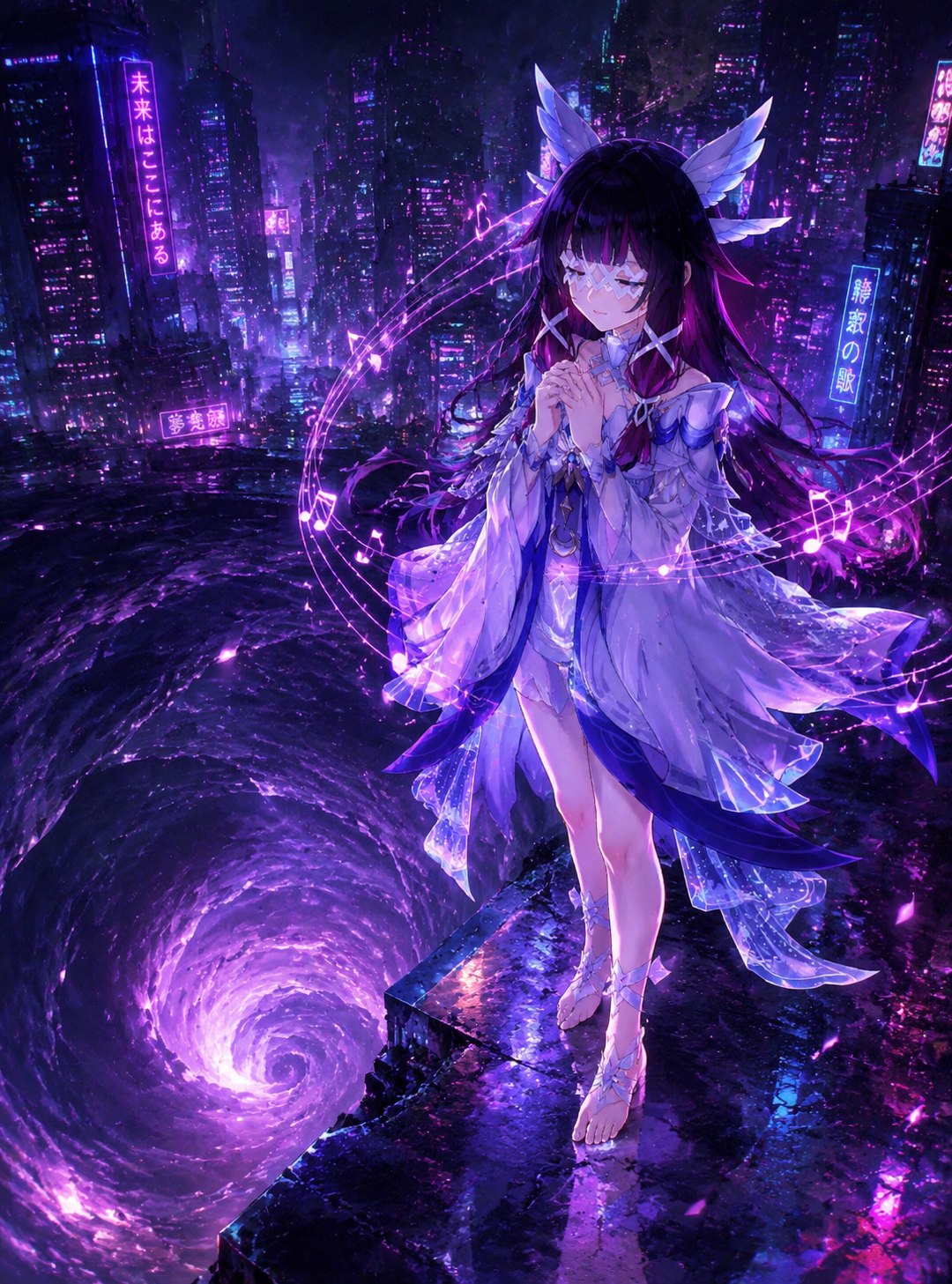 Humming a haunting melody softly At the edge of a swirling abyss (cyberpunk neon, glowing accents)