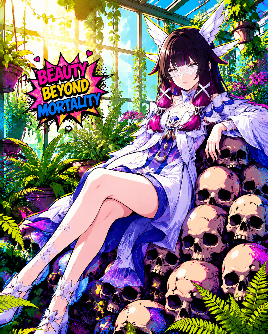 Leaning against a pile of skulls In a sun-drenched greenhouse among ferns (vibrant pop art, bold outlines)