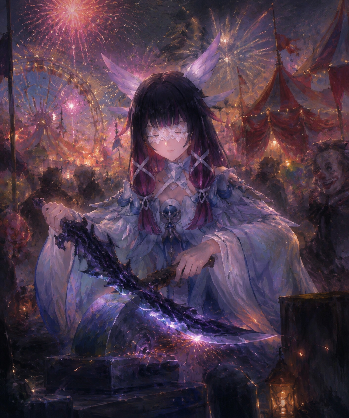 Sharpening a jagged obsidian blade At a chaotic carnival under fireworks (ethereal oil painting, soft brushstrokes)