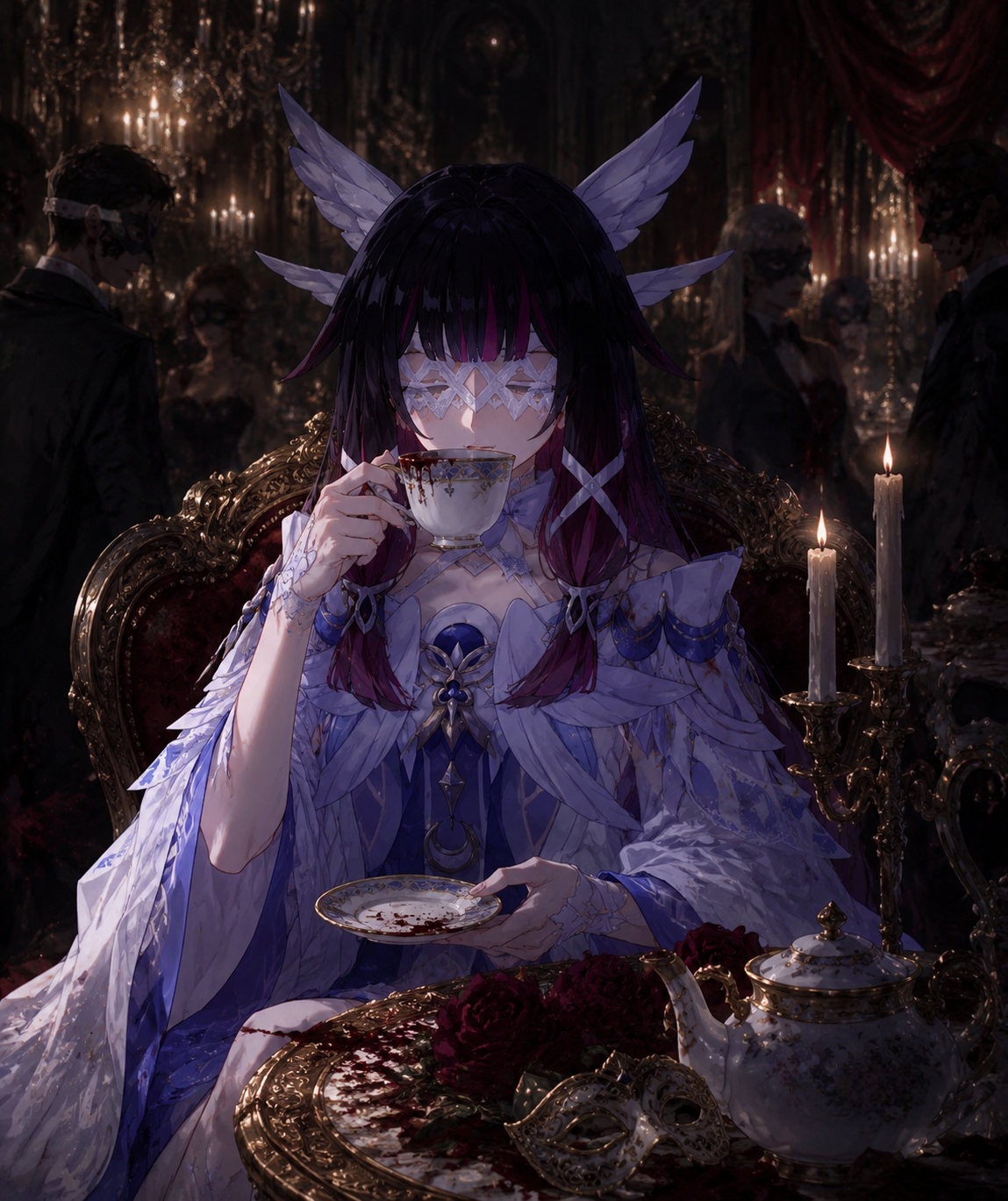 Sipping tea from a porcelain cup At a lavish candlelit masquerade ball (dark gothic horror, dramatic shadows)