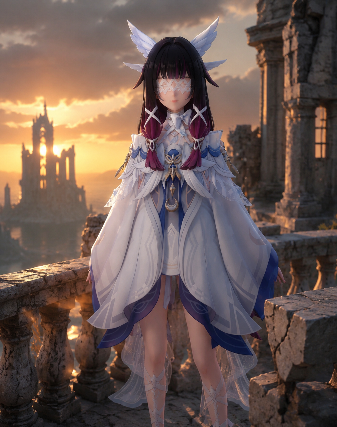 Staring blankly with a serene smile On a crumbling stone balcony at sunset (cinematic 3D render, hyper-realistic lighting)