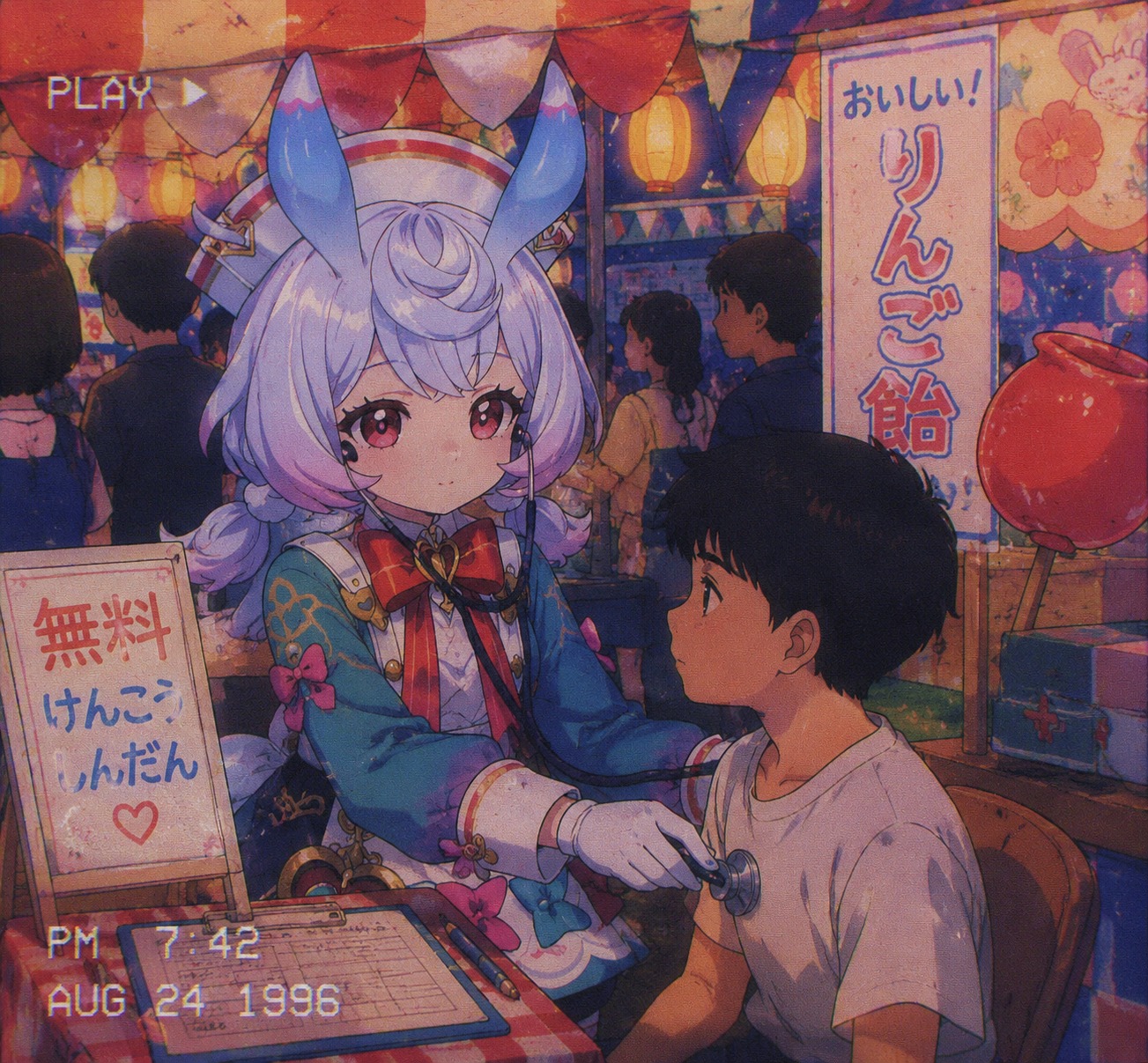 Administering a clinical checkup with a stethoscope At a bustling carnival stall during a festival (90s retro anime, grainy VHS aesthetic)