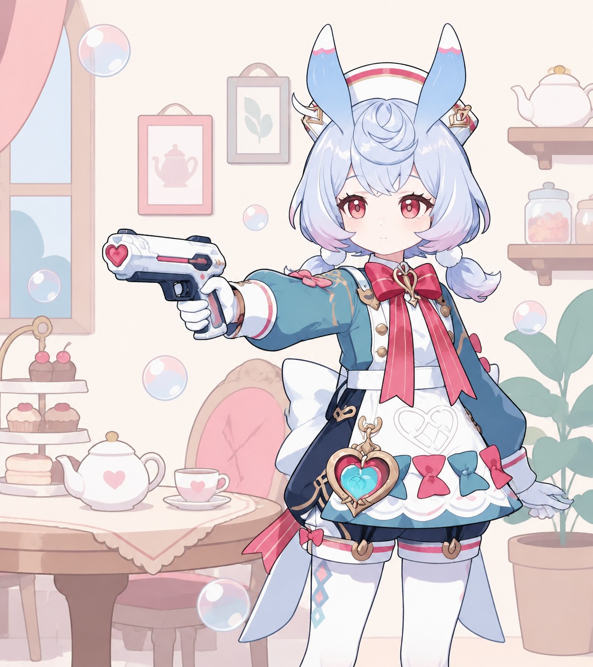 Aiming a sleek hand-held tranquilizer gun In a cozy tea room with floating bubbles (minimalist vector art, flat colors and clean lines)