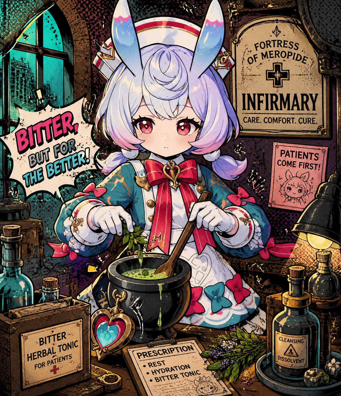 Brewing a bitter herbal tonic for patients At the infirmary desk in the Fortress of Meropide (vibrant pop art, bold outlines and halftone dots)