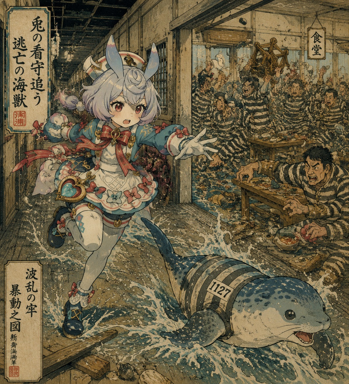 Chasing a runaway sea creature through corridors At a chaotic prisoner riot in the cafeteria (intricate Ukiyo-e woodblock print style)