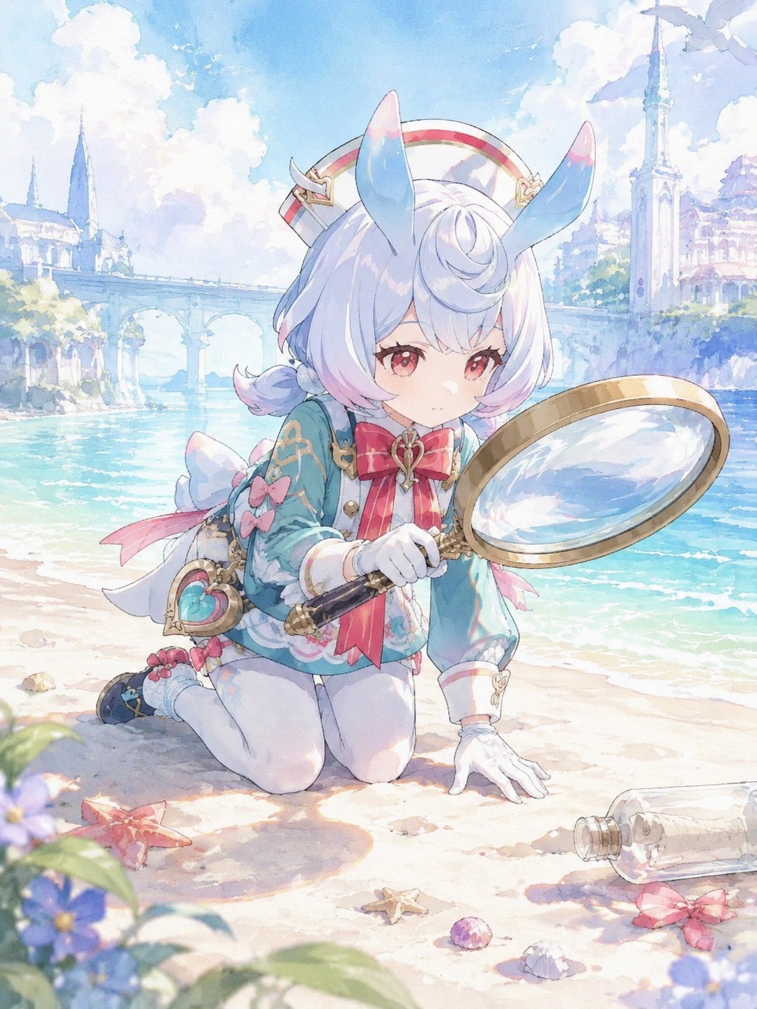 Inspecting a giant magnifying glass for clues On a sun-drenched beach in Fontaine (soft watercolor anime, ethereal pastel lighting)