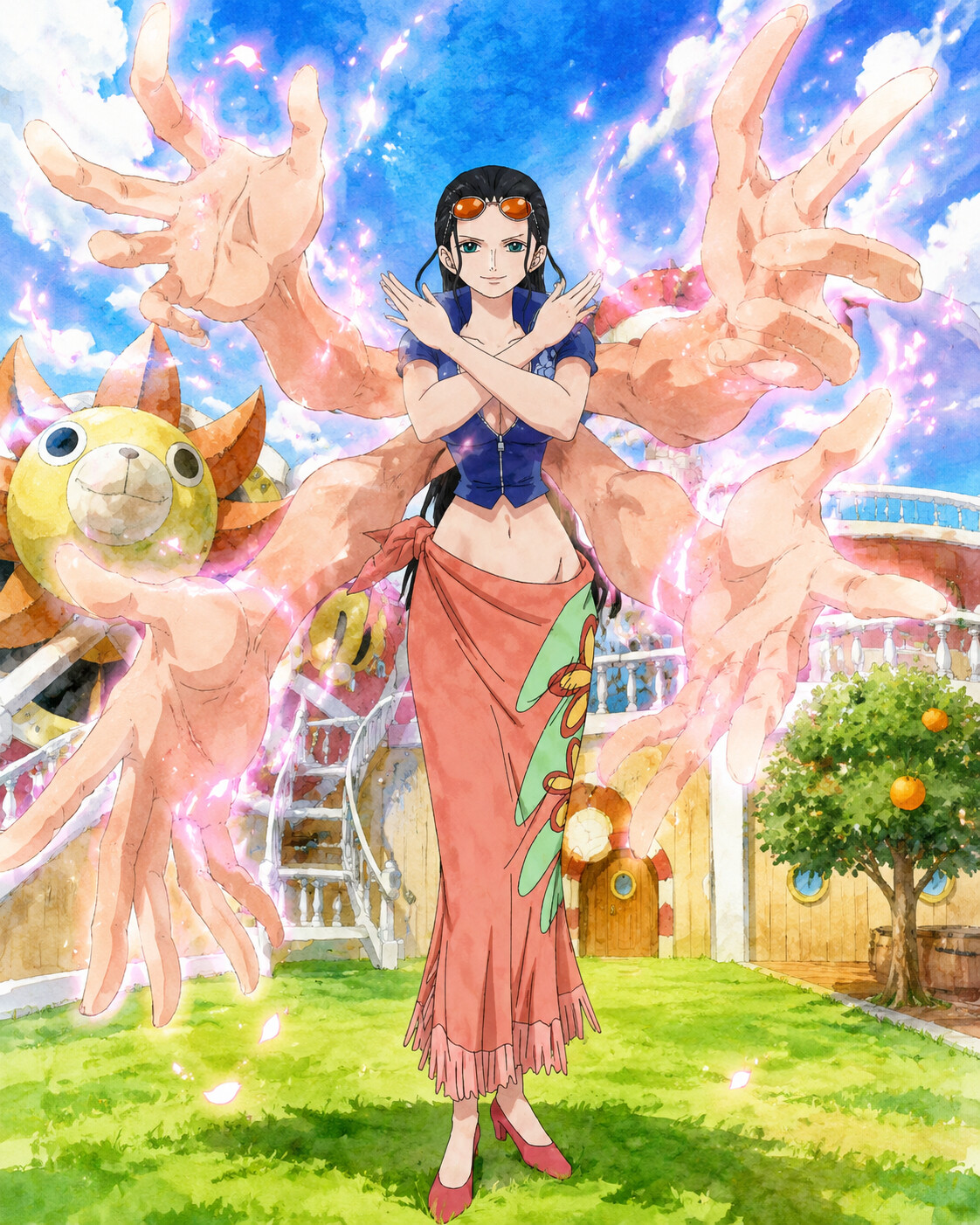 Crossing her arms and summoning giant limbs on the grassy deck of the Thousand Sunny (vibrant watercolor anime)