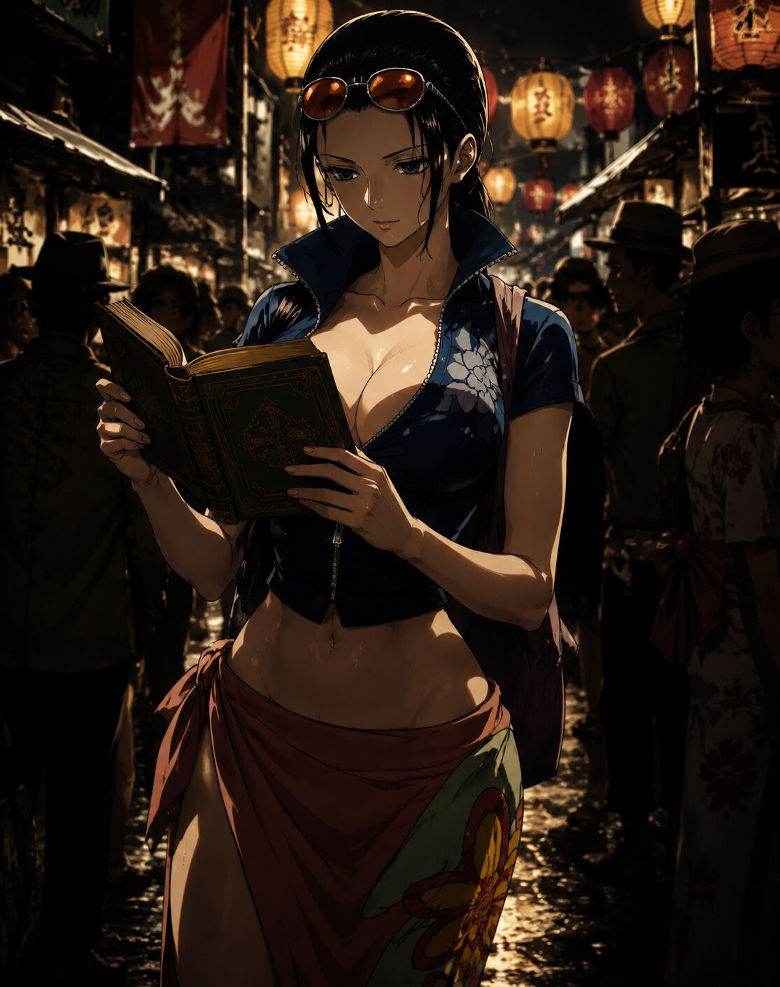 Reading an ancient leather-bound book at a crowded street market during a summer festival (cinematic noir)