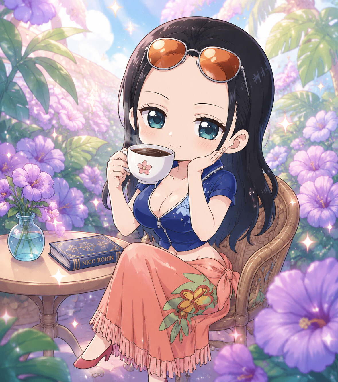 Sipping bitter black coffee while smiling faintly in a lush tropical garden with vibrant purple flowers (chibi cute style)