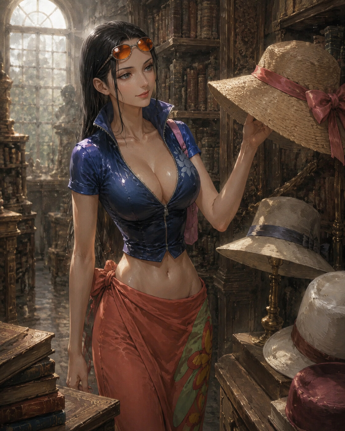 Window shopping for a new sun hat in a dusty library filled with floating dust motes (hyper-realistic oil painting)