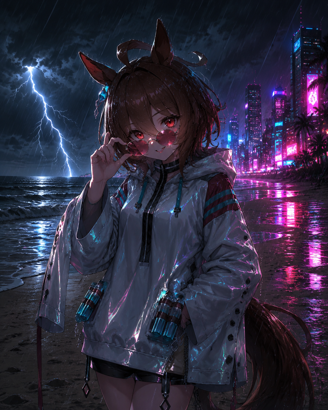 Adjusting her round glasses with a smirk On a deserted beach during a thunderstorm (cyberpunk aesthetic, neon lighting and rainy grit)