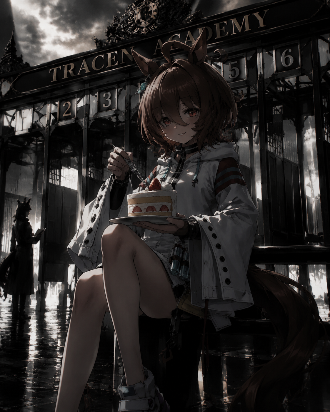 Eating a strawberry shortcake with a scalpel At the Tracen Academy starting gates (cinematic noir, deep shadows and high contrast)