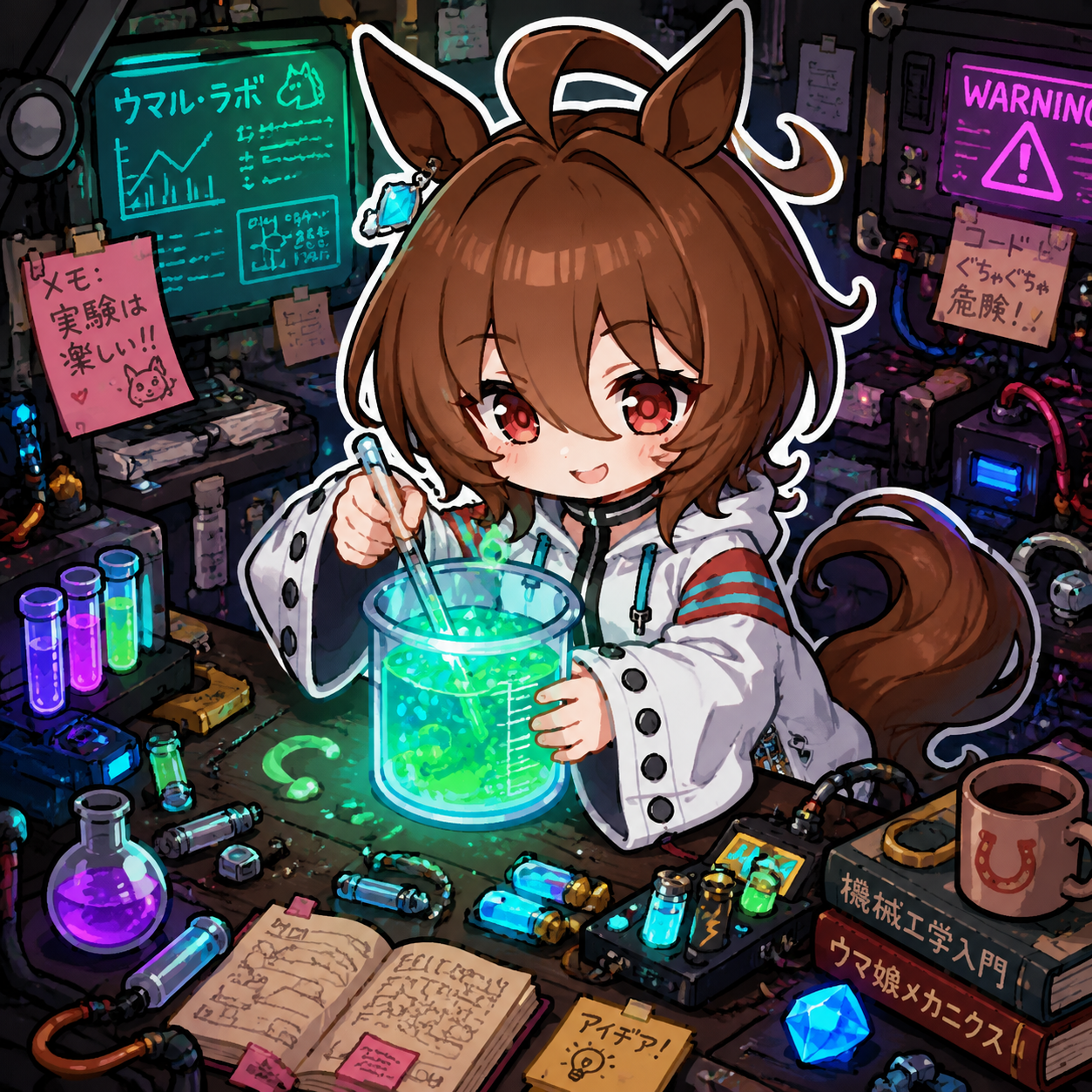 Mixing glowing chemicals in a glass beaker At a messy desk piled with electronics (chibi art style, thick lines and bright colors)