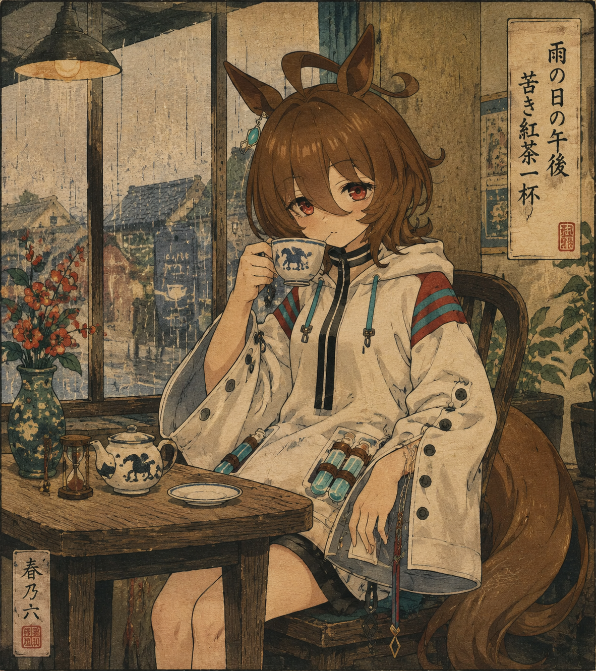 Sipping a cup of bitter black tea In a cozy cafe window seat (ukiyo-e woodblock print style)