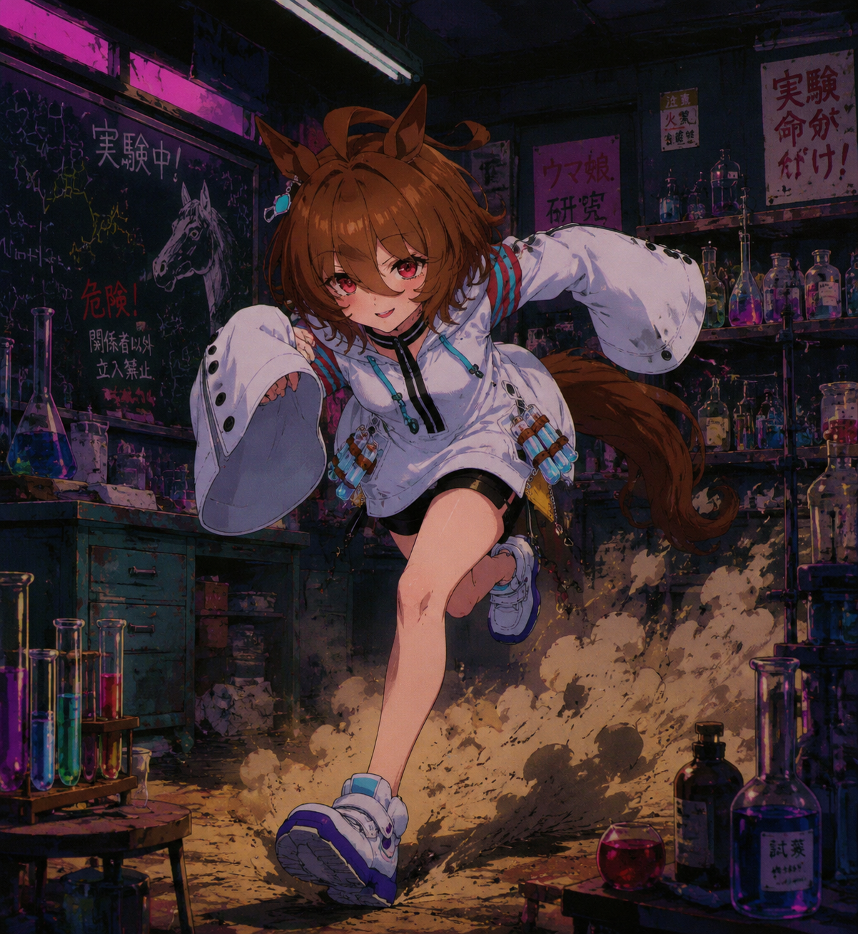 Sprinting across a dusty dirt track In a cluttered, dimly lit chemistry lab (vibrant 90s retro anime style)
