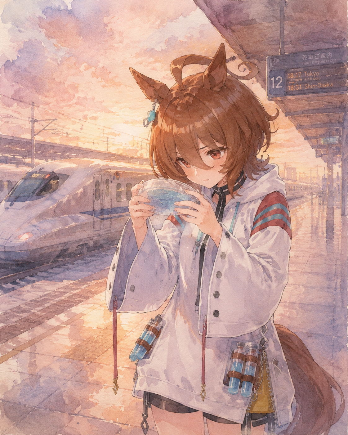 Staring intensely at a sealed petri dish On a high-speed train platform at sunset (soft watercolor painting, pastel tones)