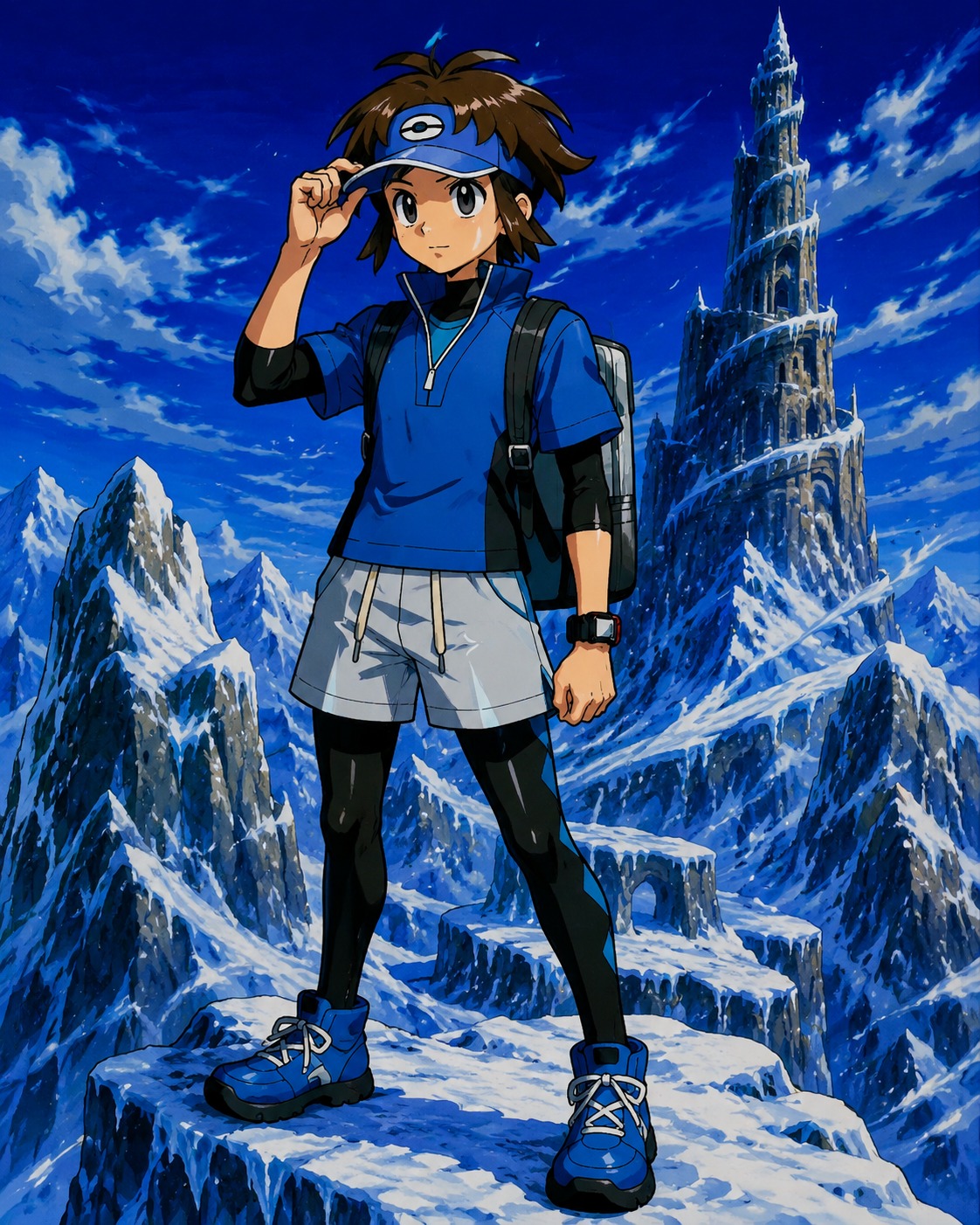 Adjusting the brim of his blue visor On the frozen peaks of Dragonspiral Tower (90s vintage anime, bold lines and saturated colors)
