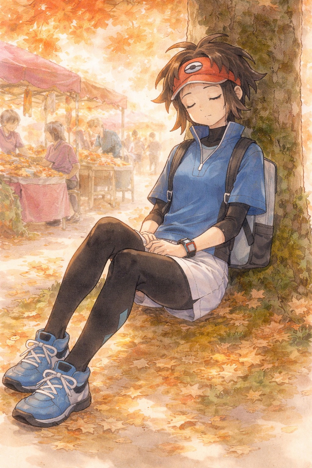 Dozing off against a mossy tree trunk At a bustling outdoor market under autumn leaves (delicate watercolor, soft edges and pastel hues)