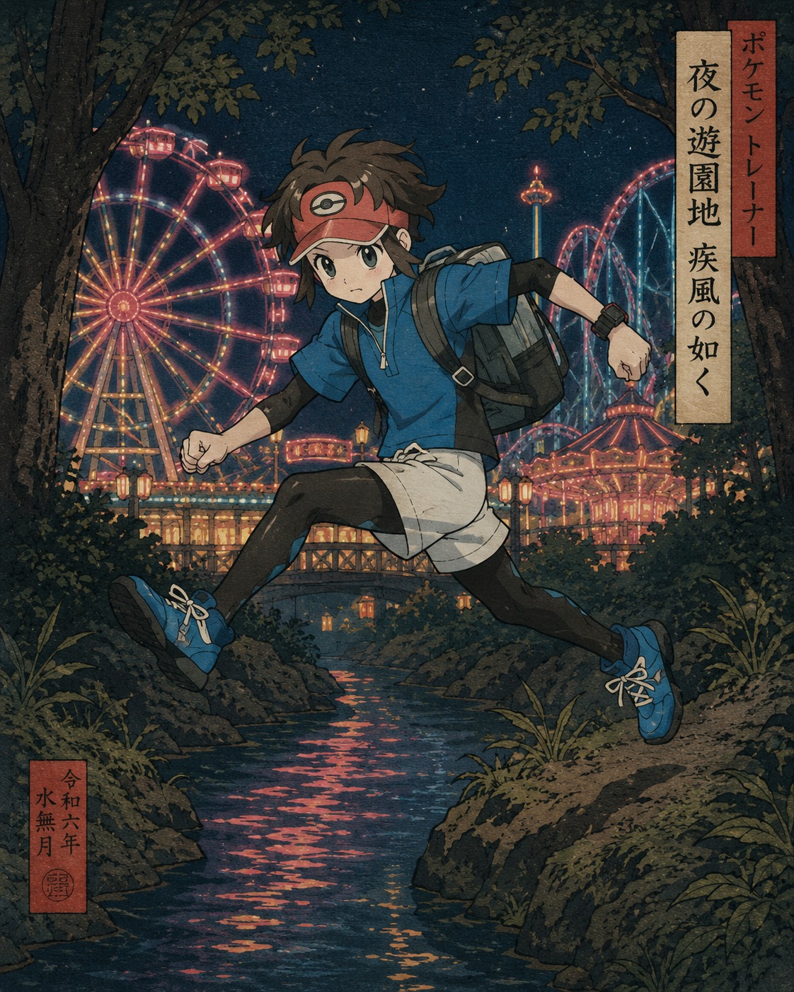 Leaping across a narrow forest stream At a neon-lit amusement park at night (traditional Japanese woodblock print, flat organic colors)