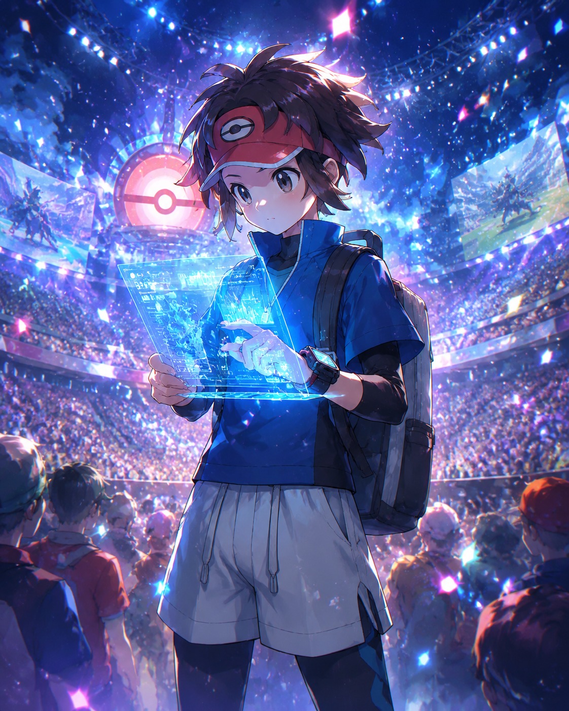 Scrolling through data on his xtransceiver At the crowded Pokémon World Tournament stage (ethereal digital painting, magical glow and sparkles)