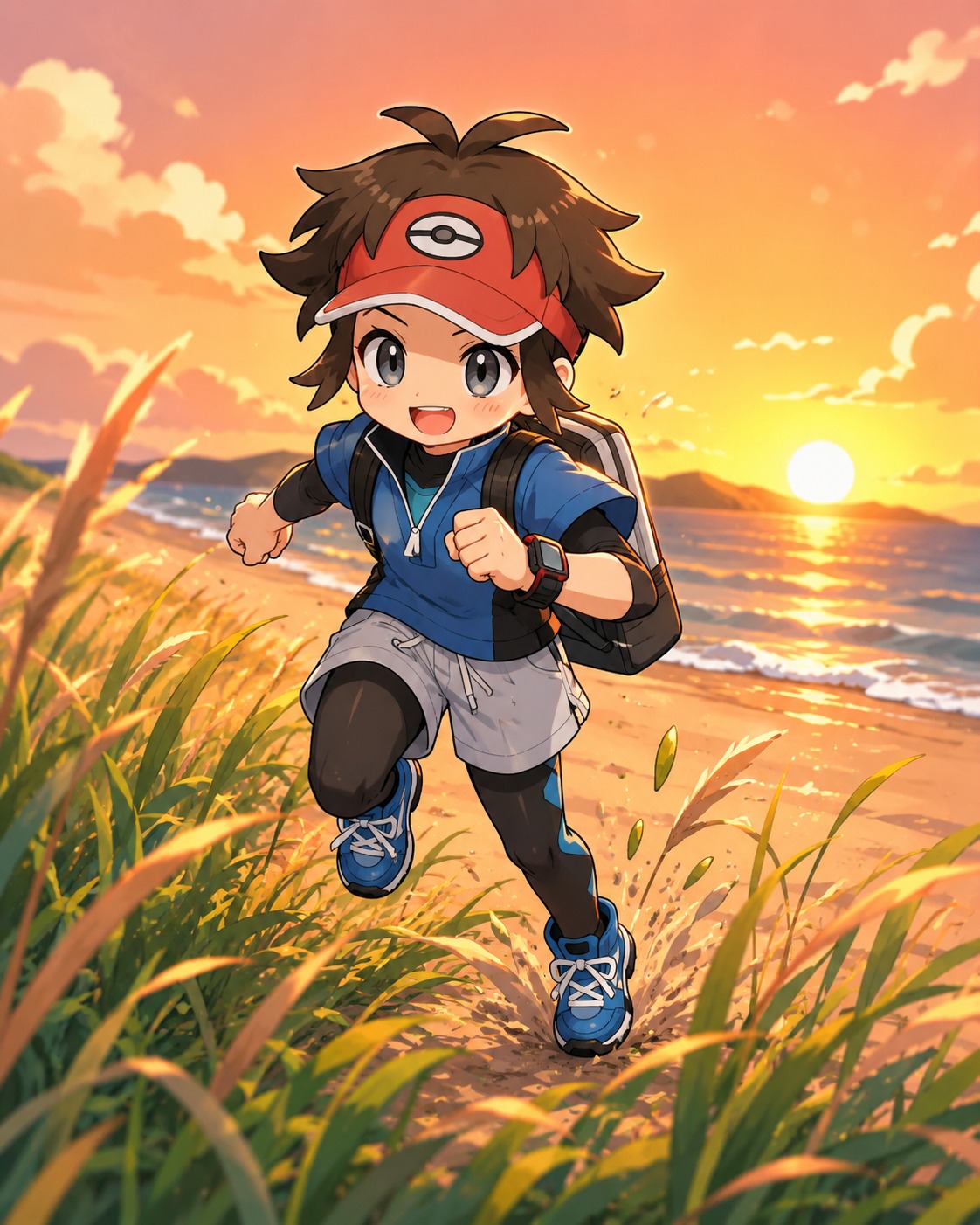Sprinting through thick patches of tall grass On a quiet beach during a golden sunset (playful chibi style, bright and bubbly shapes)