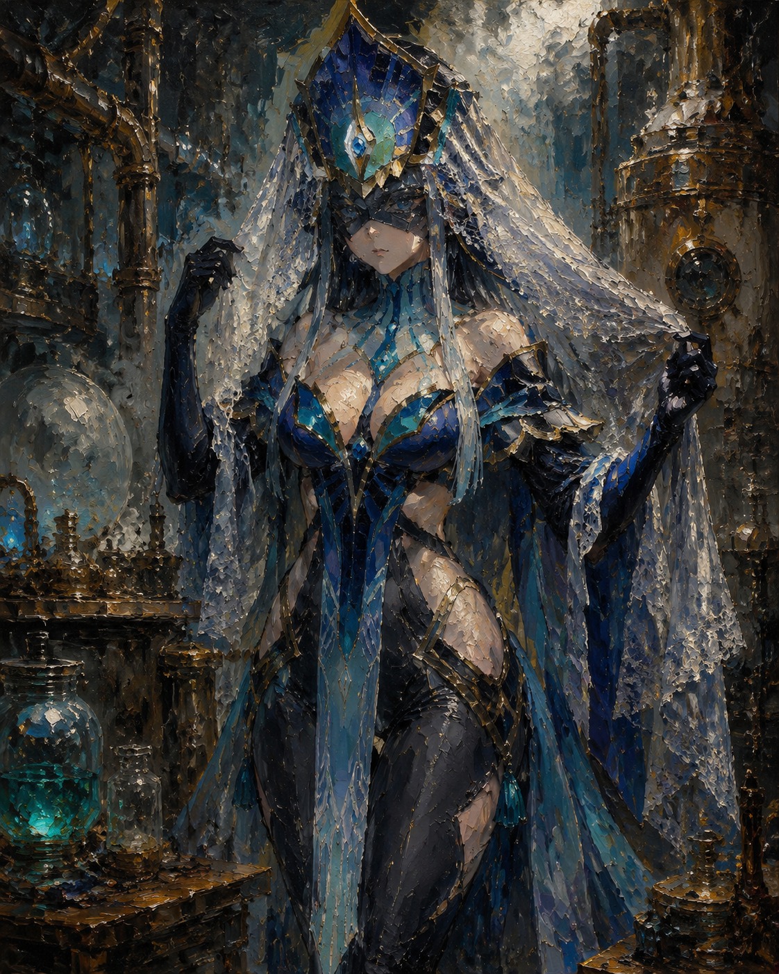 Adjusting her translucent lace veil In a hidden laboratory filled with steam (heavy oil painting, thick impasto brushstrokes)