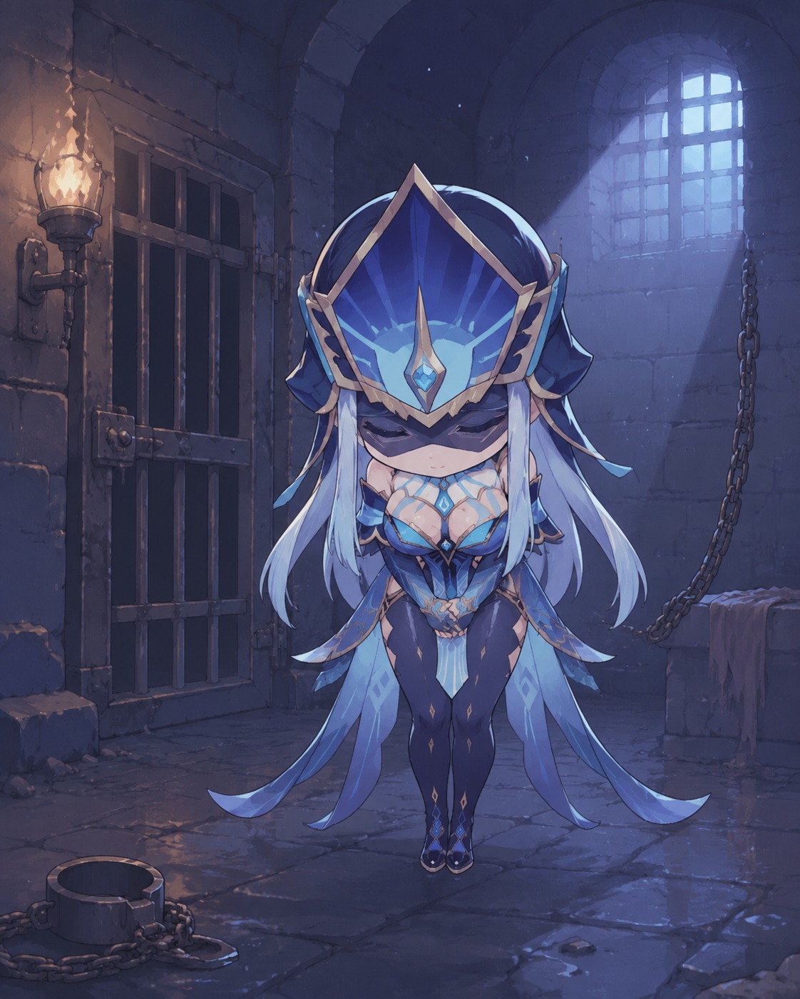 Bowing with cold aristocratic grace In a dimly lit subterranean prison (chibi cute, pastel colors)