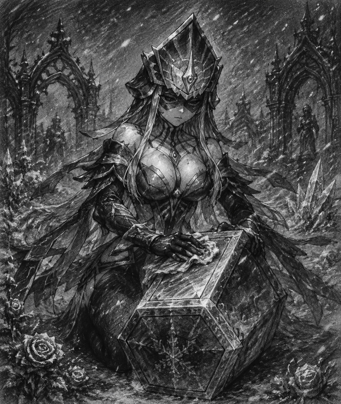 Polishing a heavy hexagonal prism In a frozen garden during a blizzard (dark gothic sketch, charcoal textures)