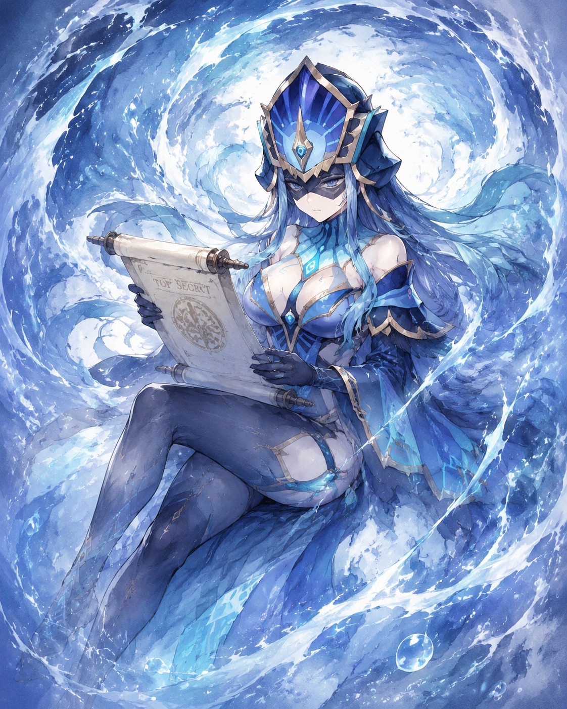 Reading a top-secret fatui scroll In a swirling vortex of hydro energy (watercolor anime, soft lighting)
