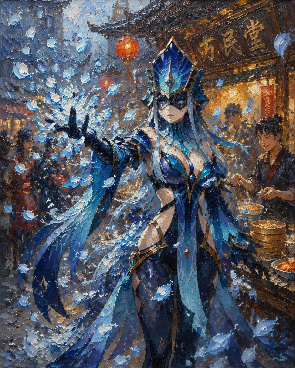 Releasing a flurry of winter petals At a bustling Liyue street food stall (heavy oil painting, thick impasto brushstrokes)