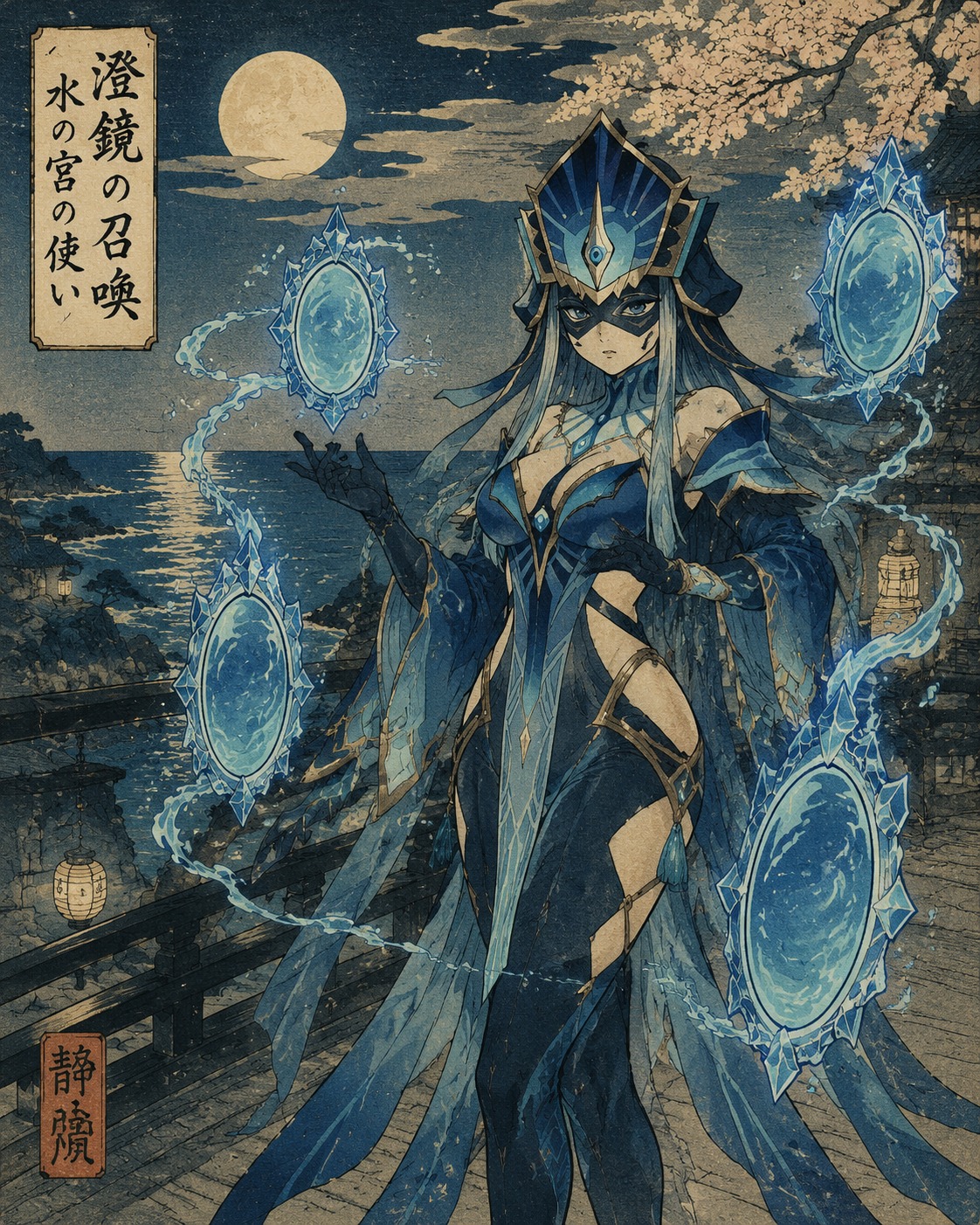 Summoning crystalline hydro mirrors On a moonlit balcony overlooking the sea (ukiyo-e woodblock print, traditional ink)