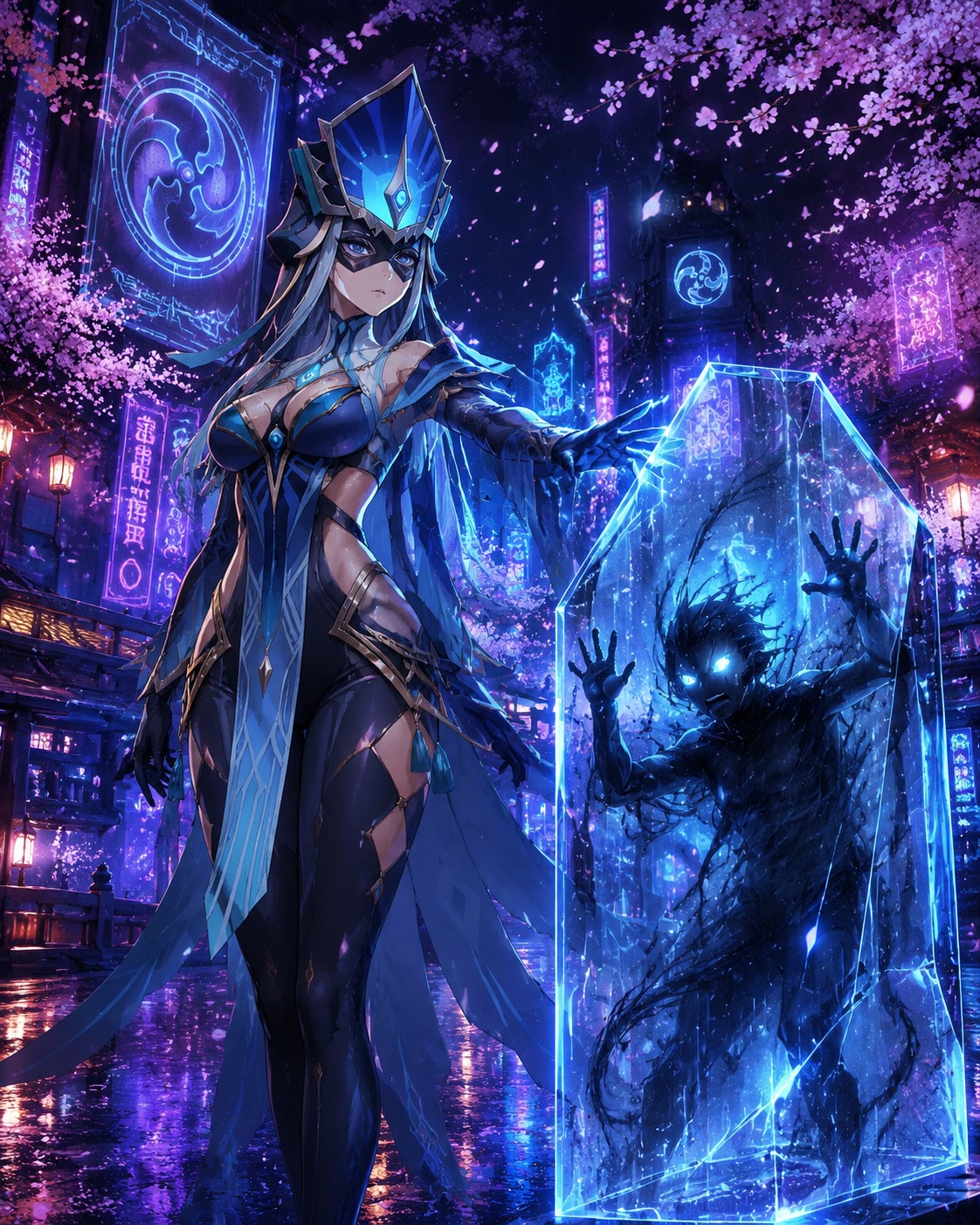 Trapping a frantic shadow in glass On a cherry blossom path in Inazuma (cyberpunk neon, glowing blue highlights)