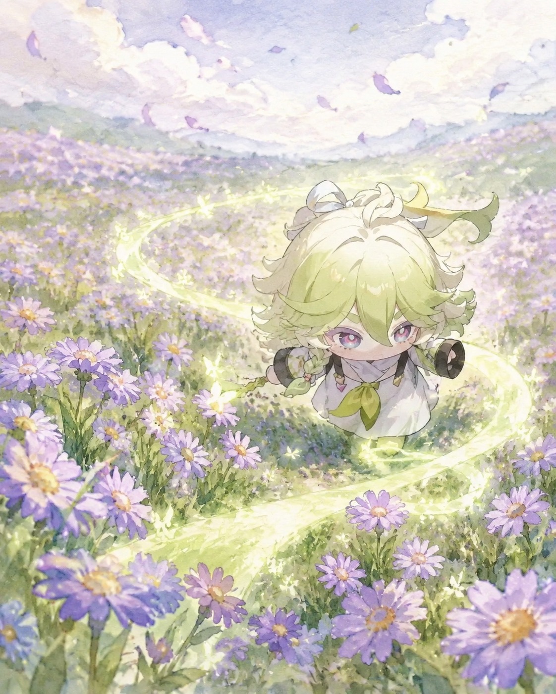 Chasing its own glowing trail In a field of swaying windwheel asters (watercolor anime, soft lighting)