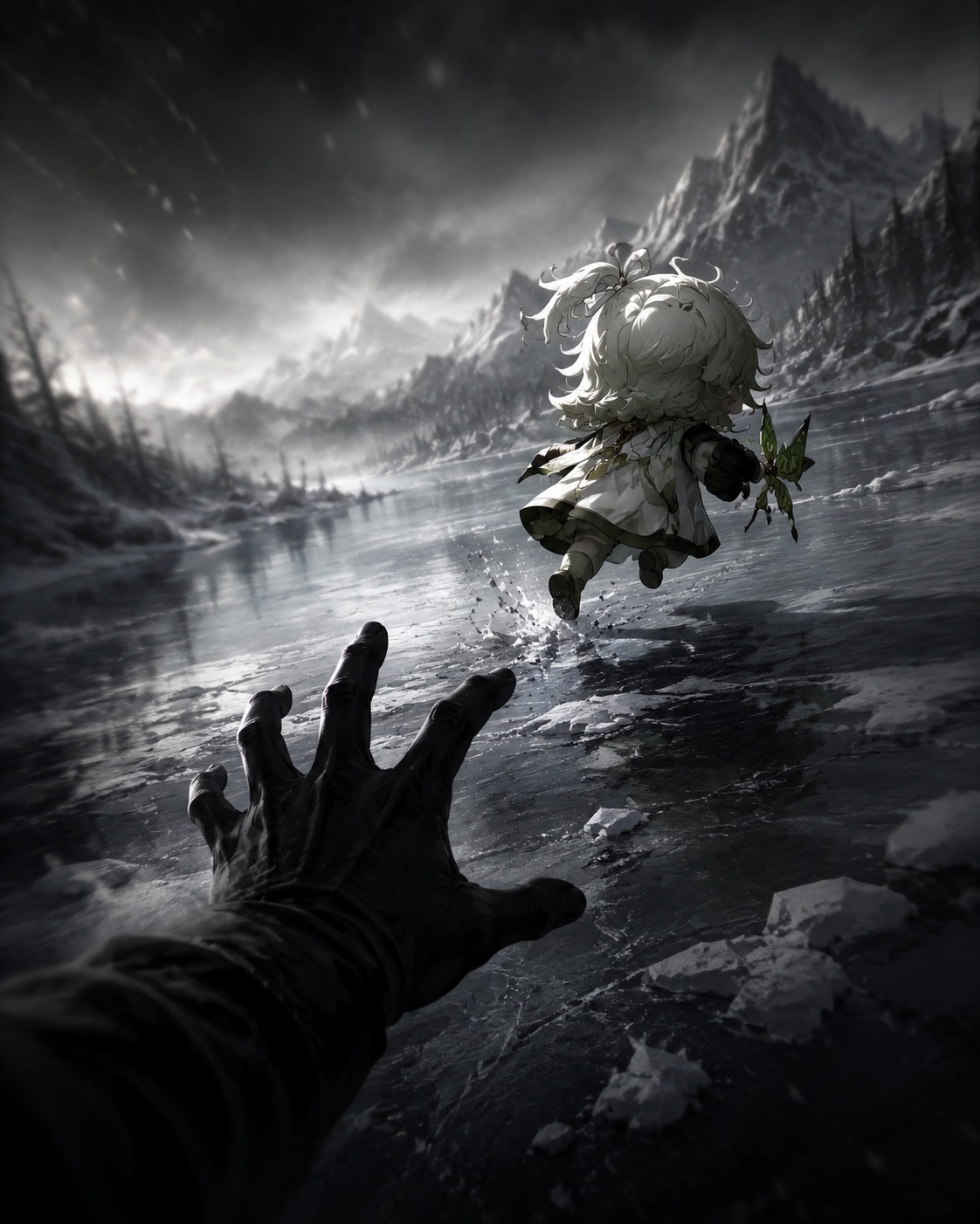 Dashing away from a grasping hand At the edge of a frozen Dragonspine lake (cinematic noir, dramatic shadows)