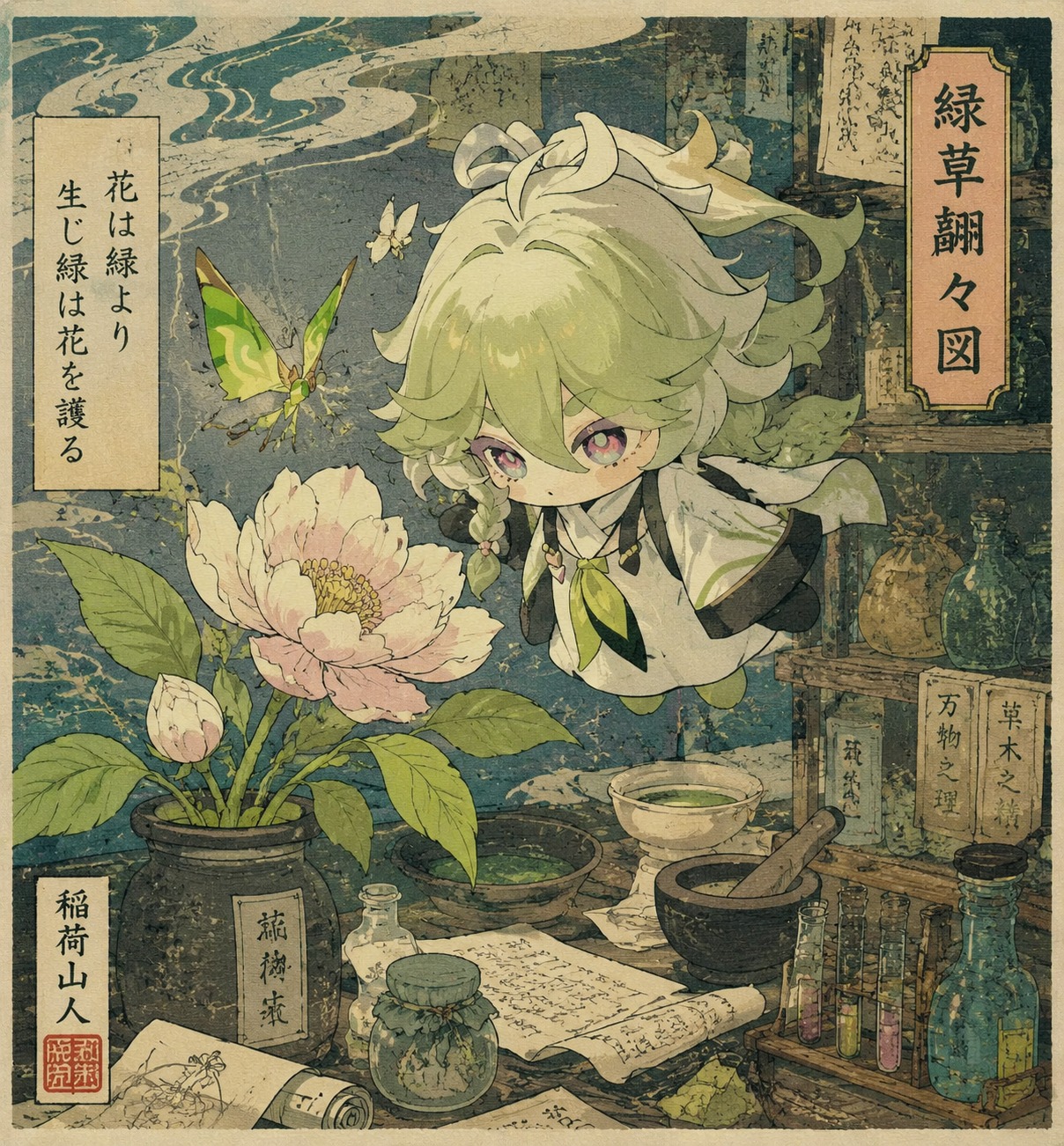 Fluttering near a blooming silk flower On a cluttered alchemy workbench (ukiyo-e woodblock print, flat colors)