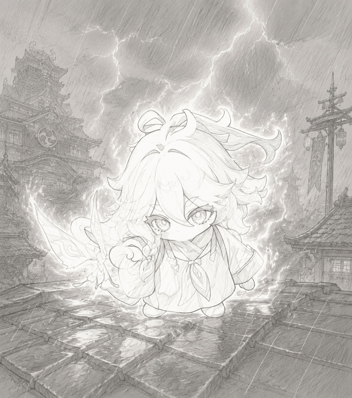 Glowing intensely during a thunderstorm On a rainy rooftop in Inazuma (pencil sketch, minimal shading)