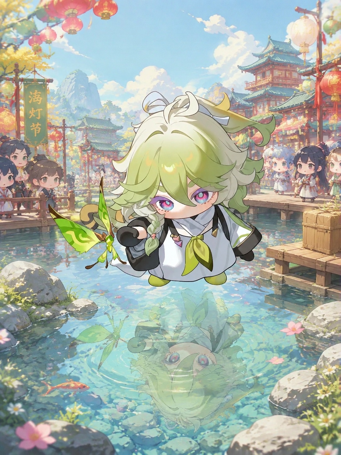 Hovering over a crystal-clear mountain puddle At a bustling Liyue harbor festival (chibi cute, pastel colors)