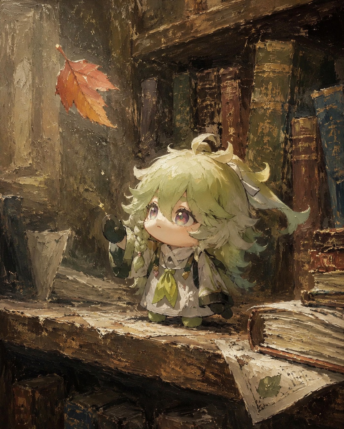Observing a falling autumn leaf On a dusty shelf inside a library (oil painting, thick brushstrokes)