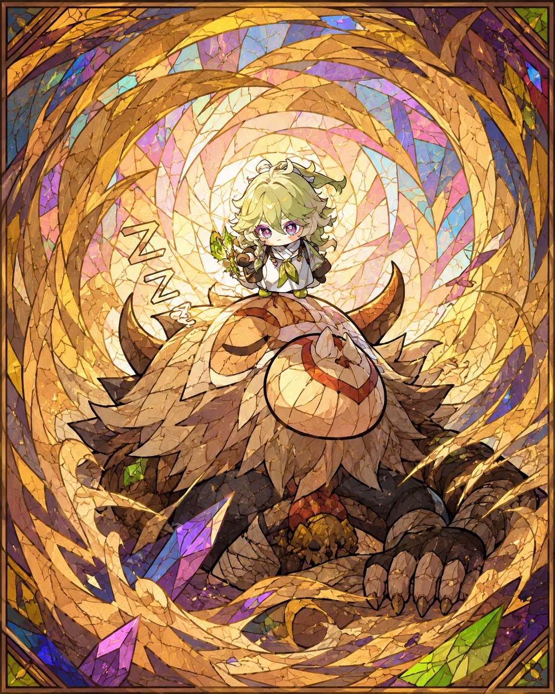 Perching on a sleeping hilichurl's nose In the center of a swirling sandstorm (stained glass mosaic, vibrant hues)